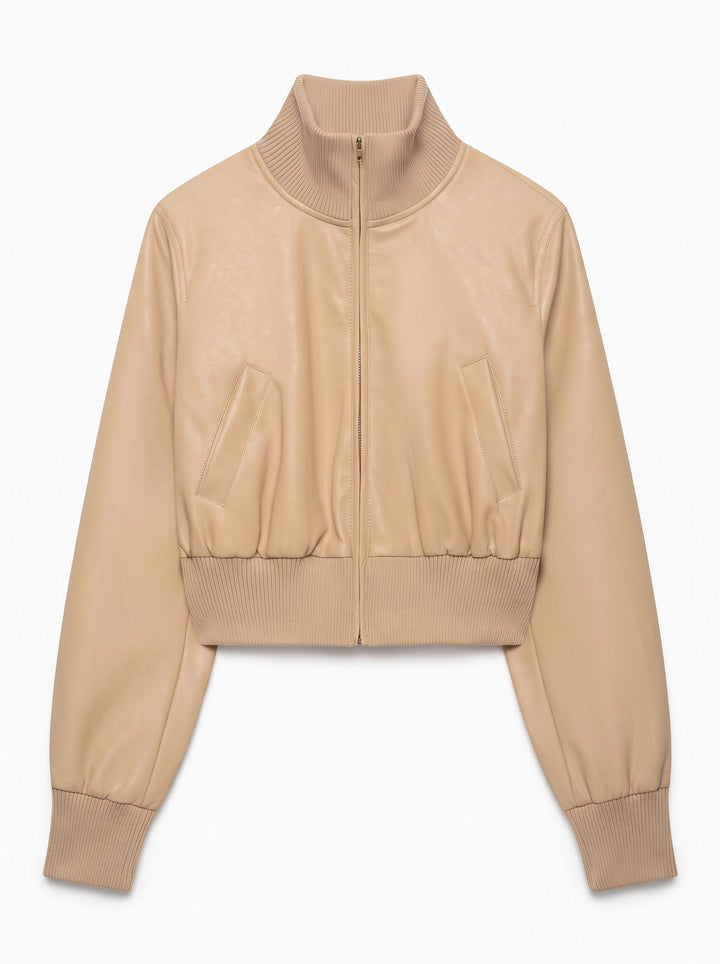 Cropped Faux Leather Bomber Jacket