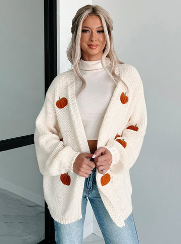 Cozy Pumpkin Embroidered Knit Cardigan