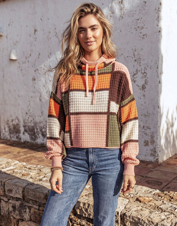 Colorblock Waffle Knit Hooded Sweater