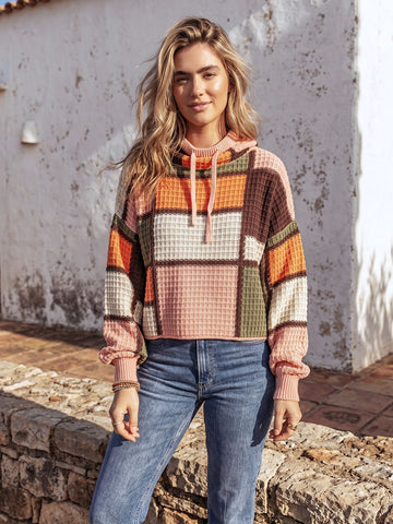 Colorblock Waffle Knit Hooded Sweater