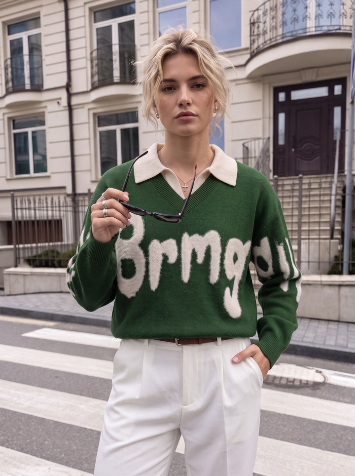 Oversized Graphic Collared Knit Pullover