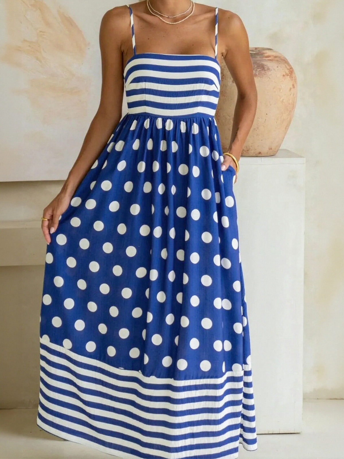 Striped Polka Dot Print Maxi Dress