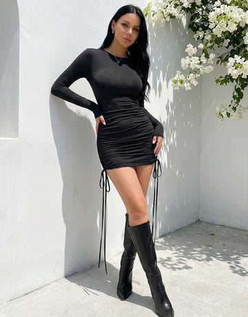Long Sleeve Drawstring Bodycon Mini Dress