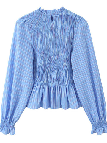Smocked Striped Ruffled Button Up Shirt