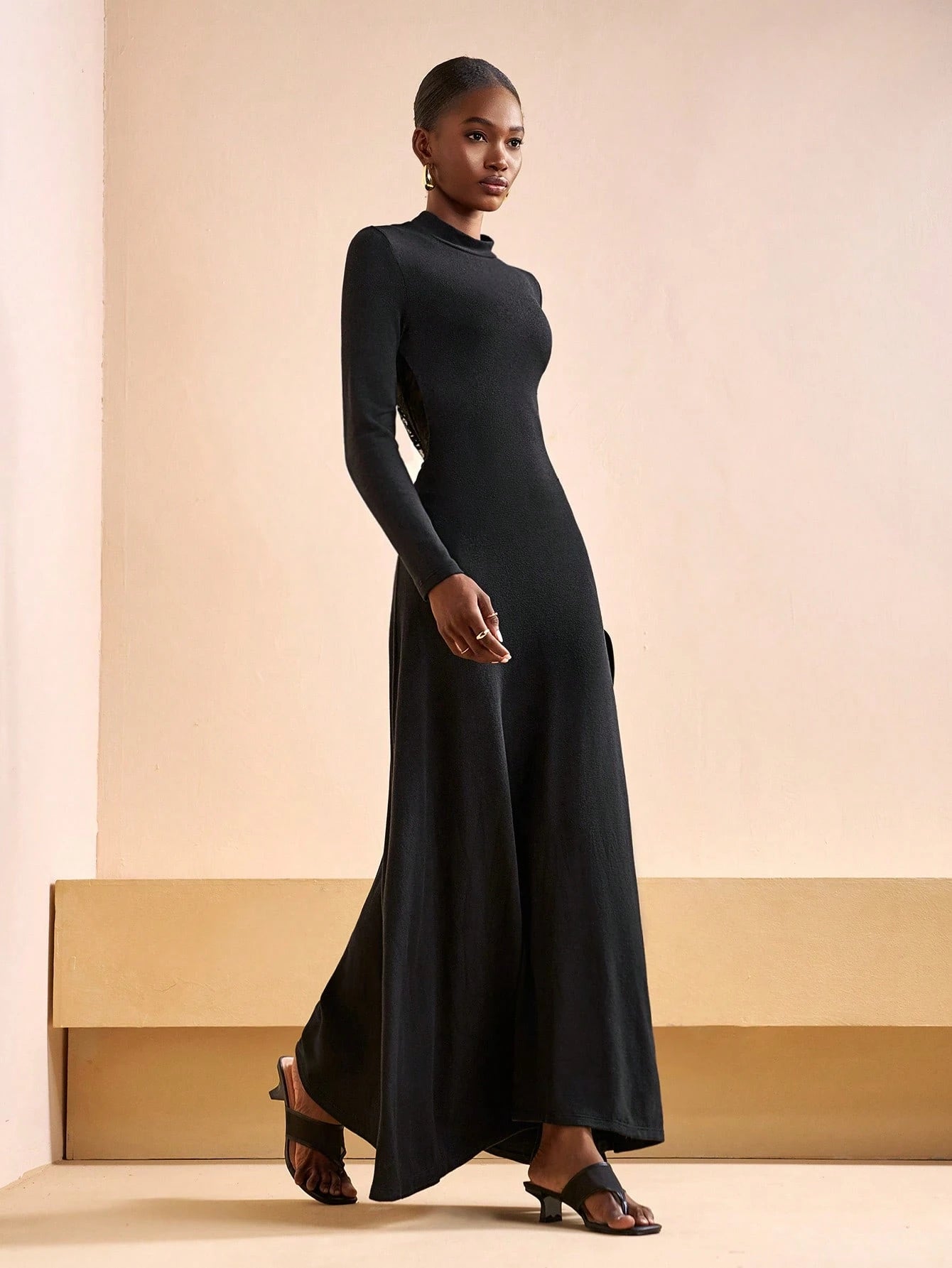 Elegant Lace Back Mock Neck Dress