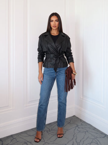 Belted Chic Faux Leather Jacket
