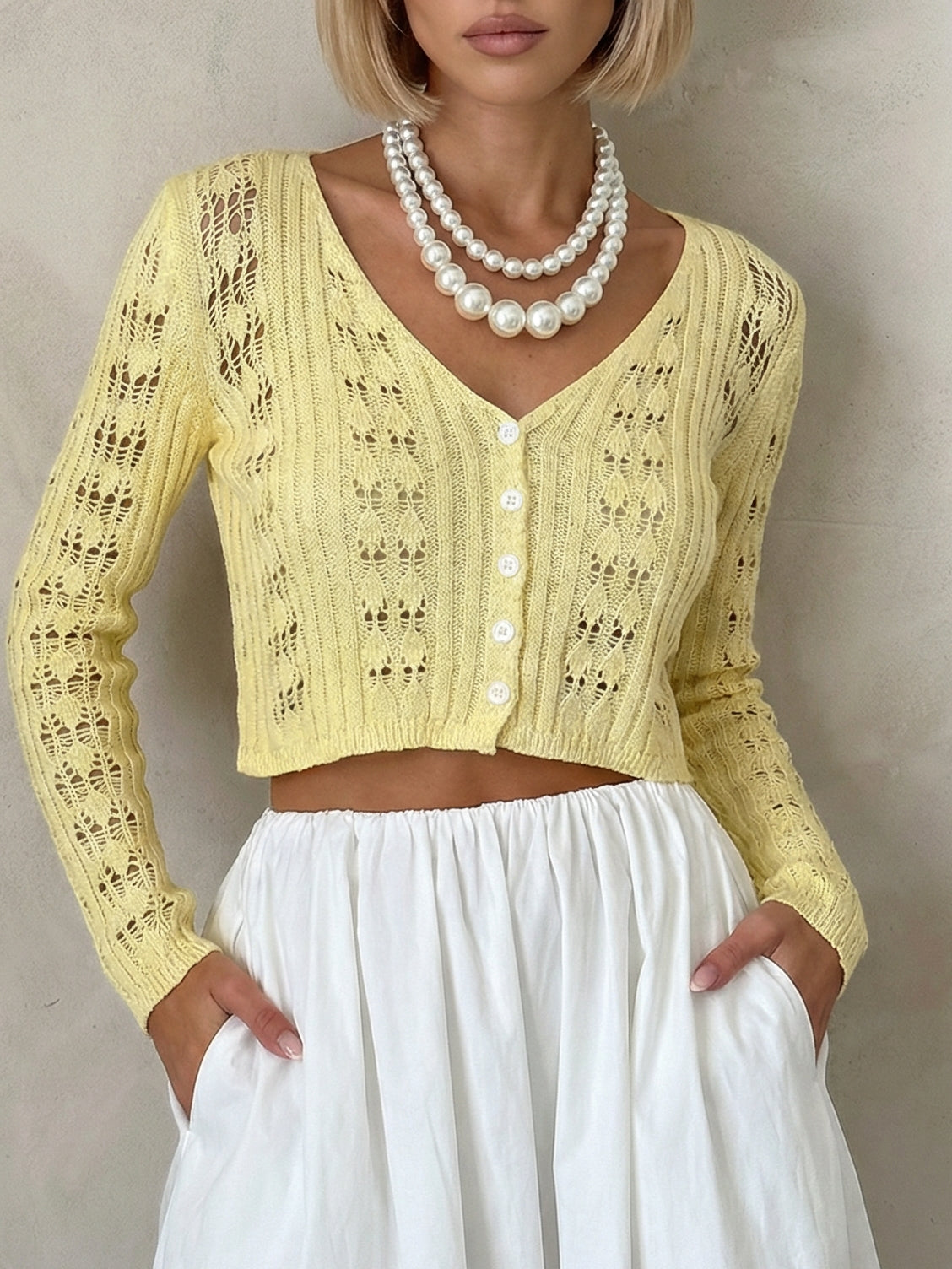 V-Neck Lon Sleeve Cutout Retro Cropped Cardian-Yellow