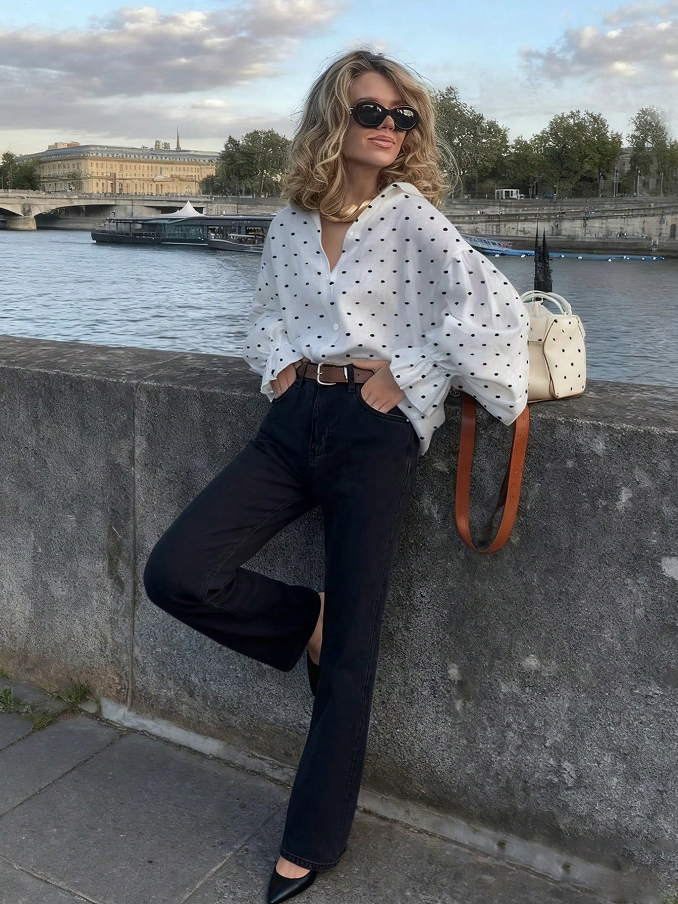 Polka-dot Relaxed Fit Eleant Blouse-White