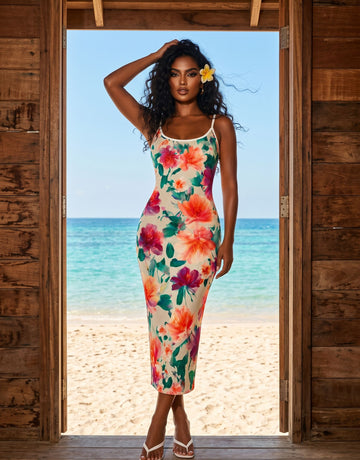 CAPRI Tropical Botanical Print Sleeveless Bodycon Midi Dress