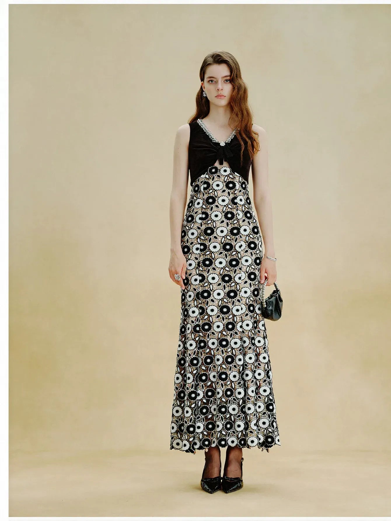 Embellished Velvet Floral Lace Maxi Dress