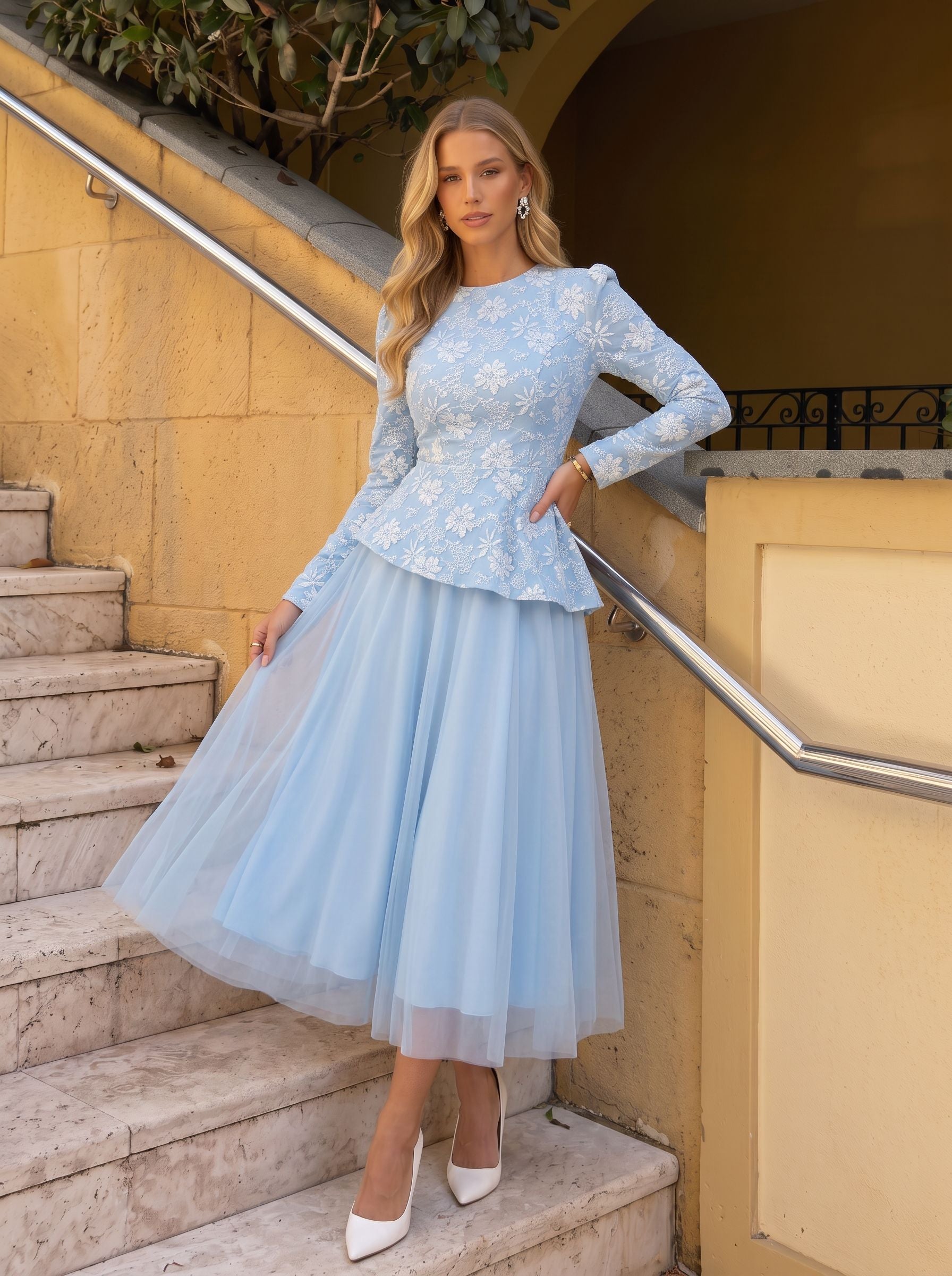 Floral Embroidered Tulle Midi Dress