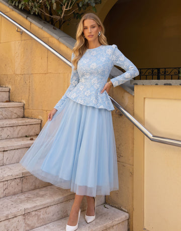 Floral Embroidered Tulle Midi Dress