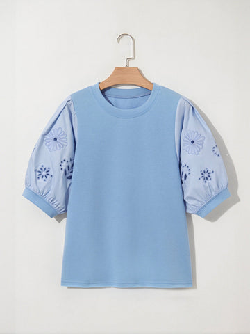 Embroidered Puff Sleeve Chiffon Blouse
