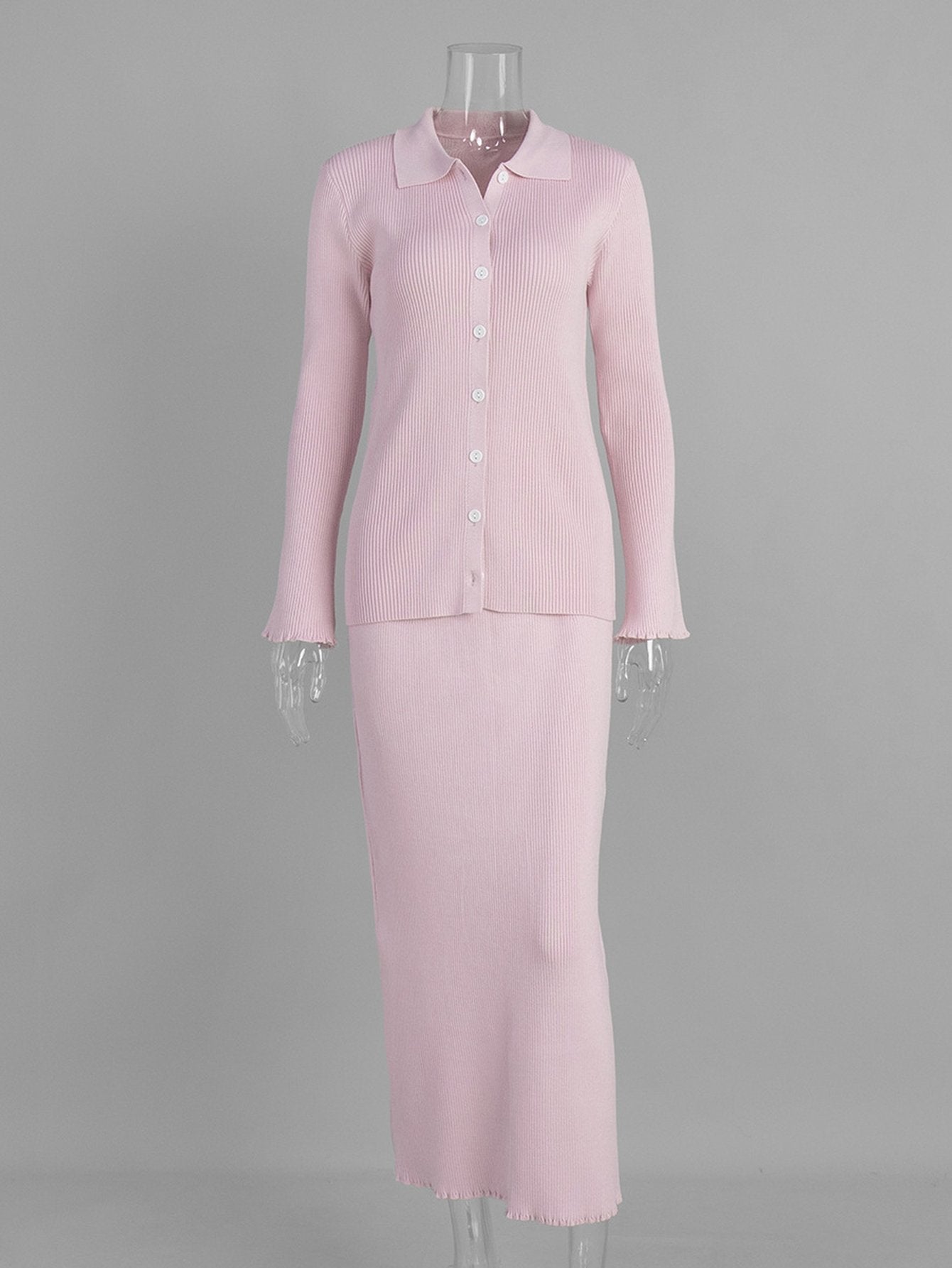 Cozy Ribbed Knit Polo Skirt Set