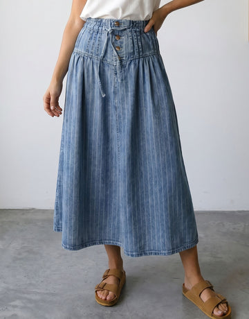 High Waisted Striped Denim Midi Skirt