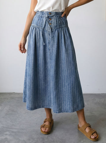 High Waisted Striped Denim Midi Skirt