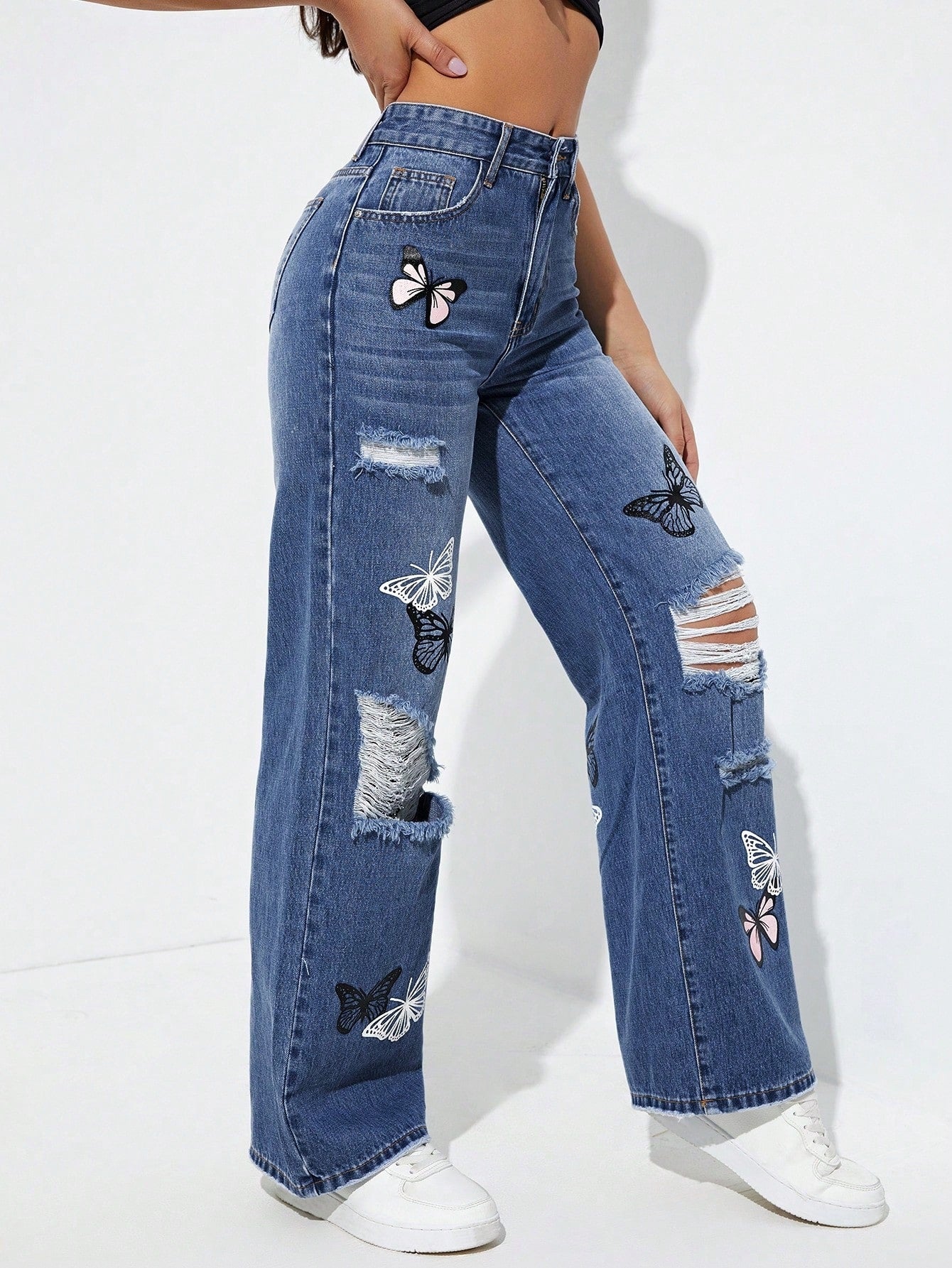 Distressed Butterfly Print Wide Leg Jeans