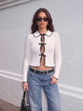 Contrast Bow Tie Ribbed Cardigan