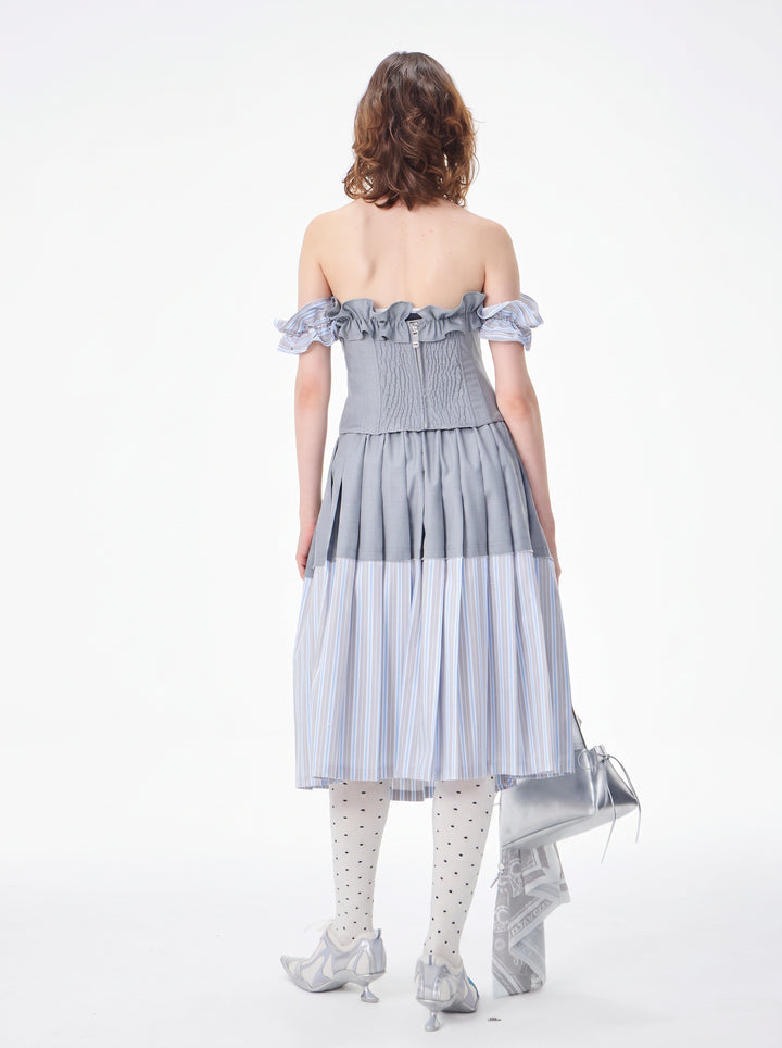 Colorblock Striped Pleated Midi Skirt