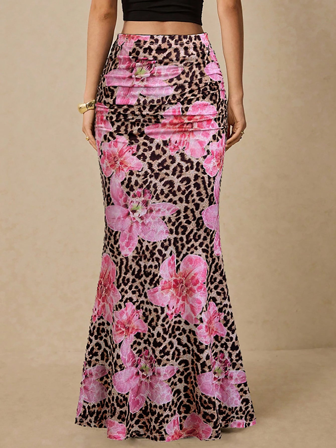 Leopard Floral Mermaid Midi Skirt