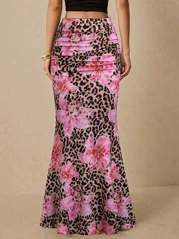 Leopard Floral Mermaid Midi Skirt