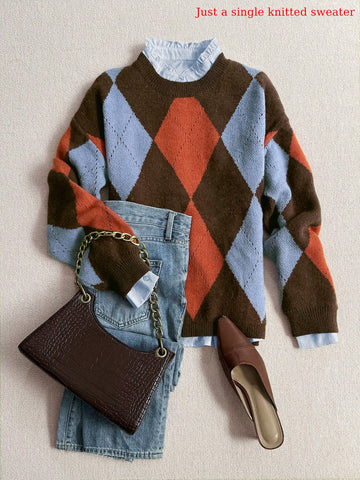 Cozy Oversized Argyle Knitted Sweater