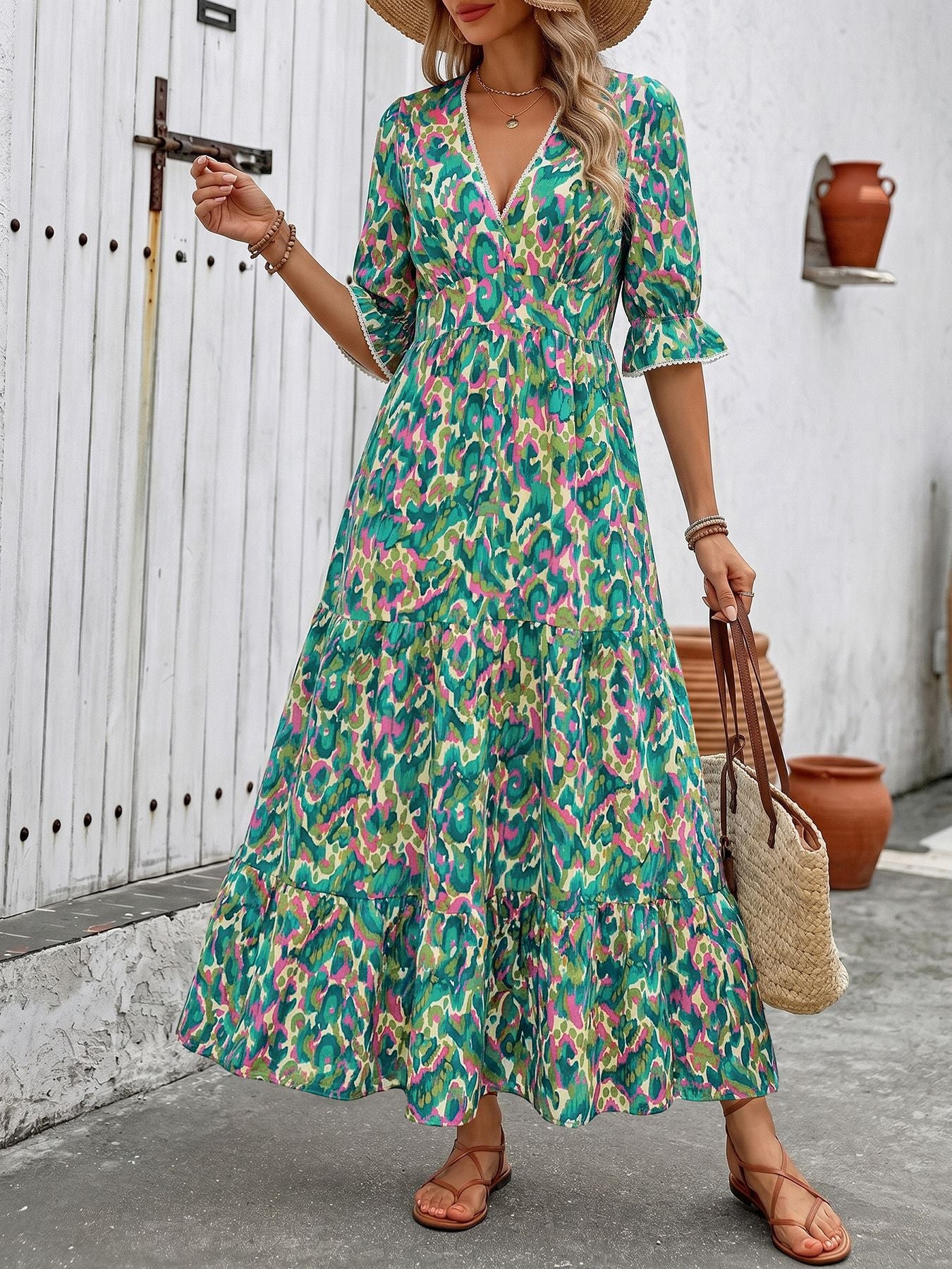Boho Floral V Neck Maxi Dress