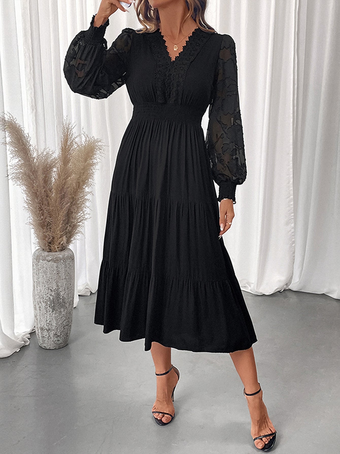 Elegant Lace Trim Tiered Midi Dress