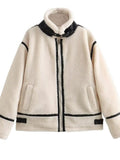 Cozy Faux Leather Trim Fleece Jacket