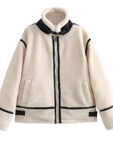 Cozy Faux Leather Trim Fleece Jacket