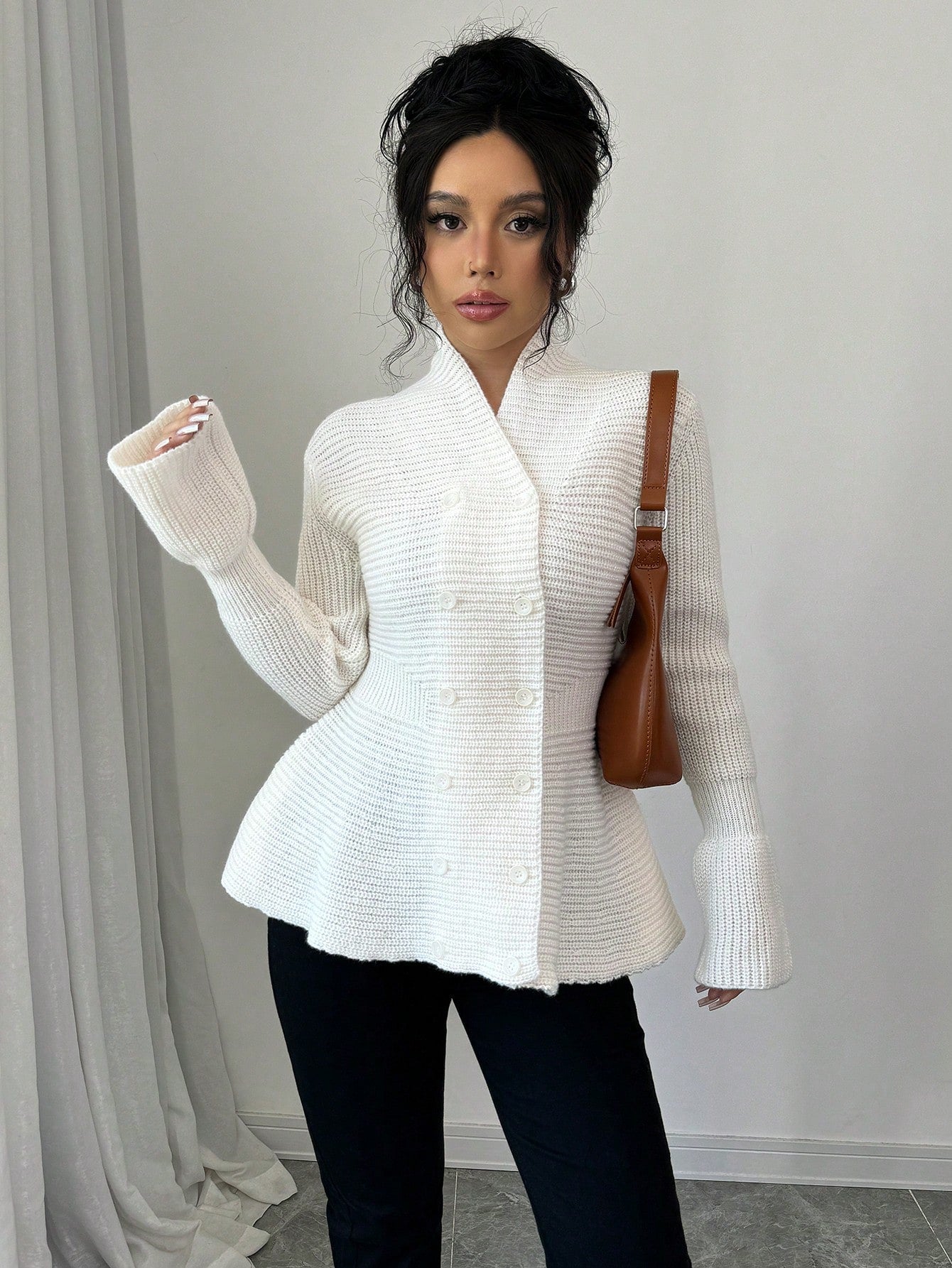 Elegant Peplum Double Breasted Cardigan