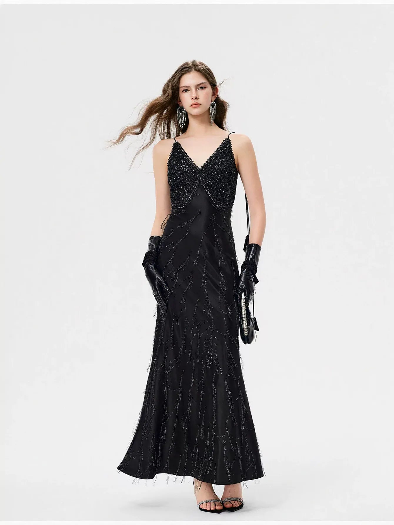 Embellished Satin V Neck Maxi Dress