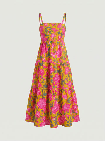 FLORA Floral Print Tiered Strap Midi Dress