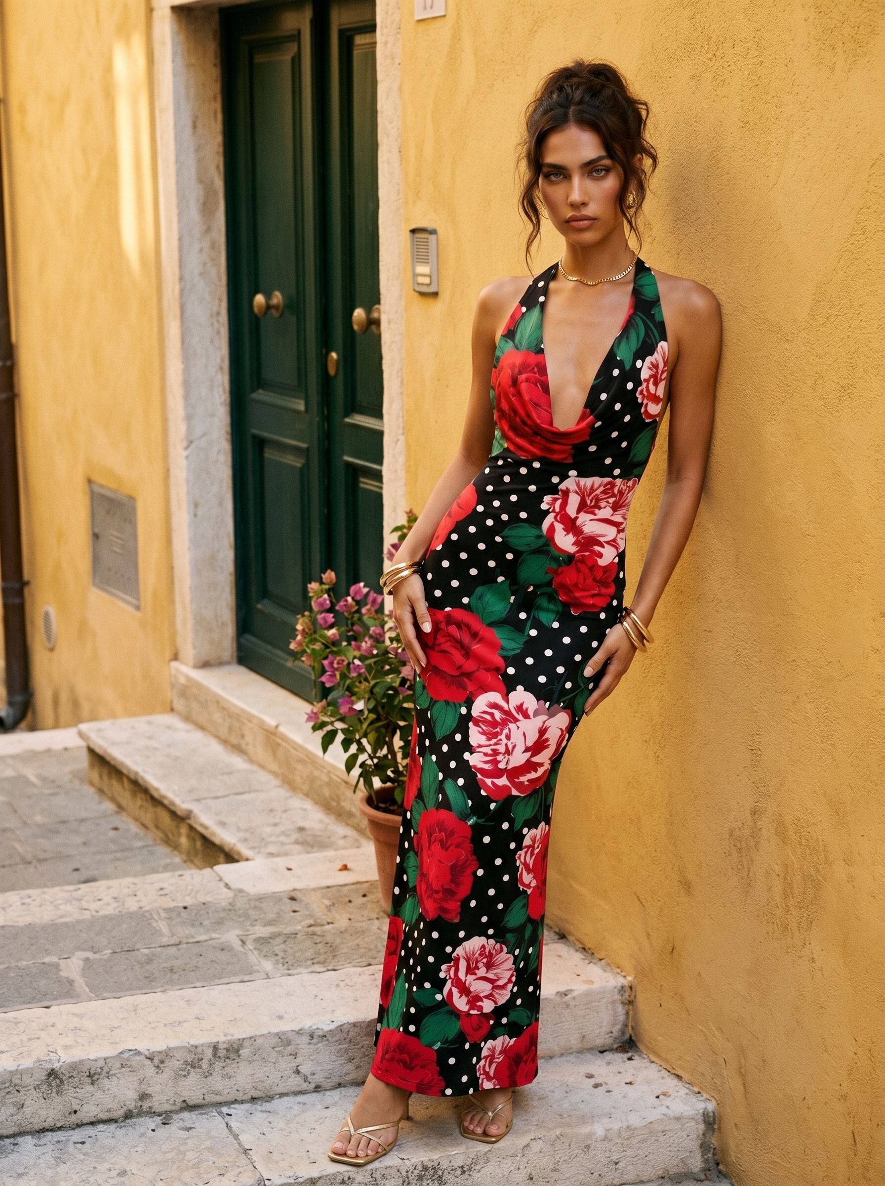 Floral Print Cowl Neck Bodycon Maxi Dress