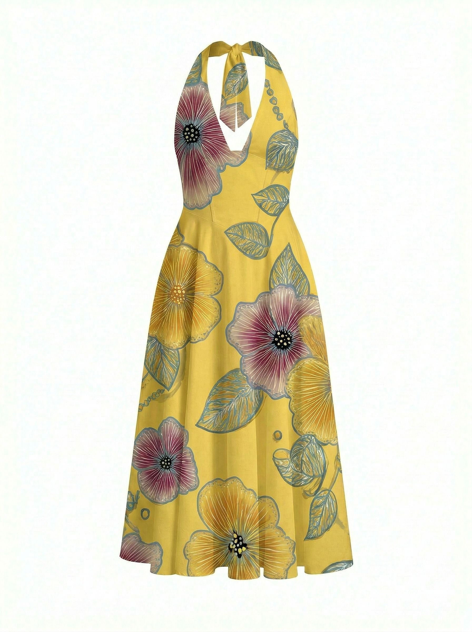 Floral Print Halter Neck Tie Back Midi Dress