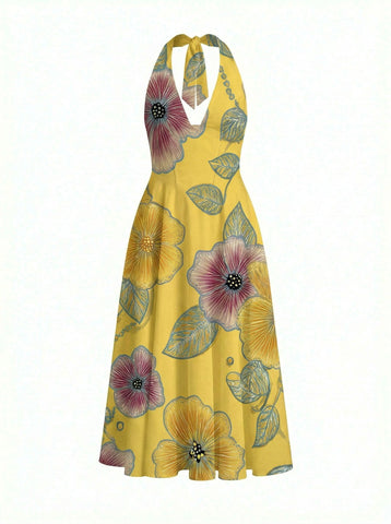 Floral Print Halter Neck Tie Back Midi Dress