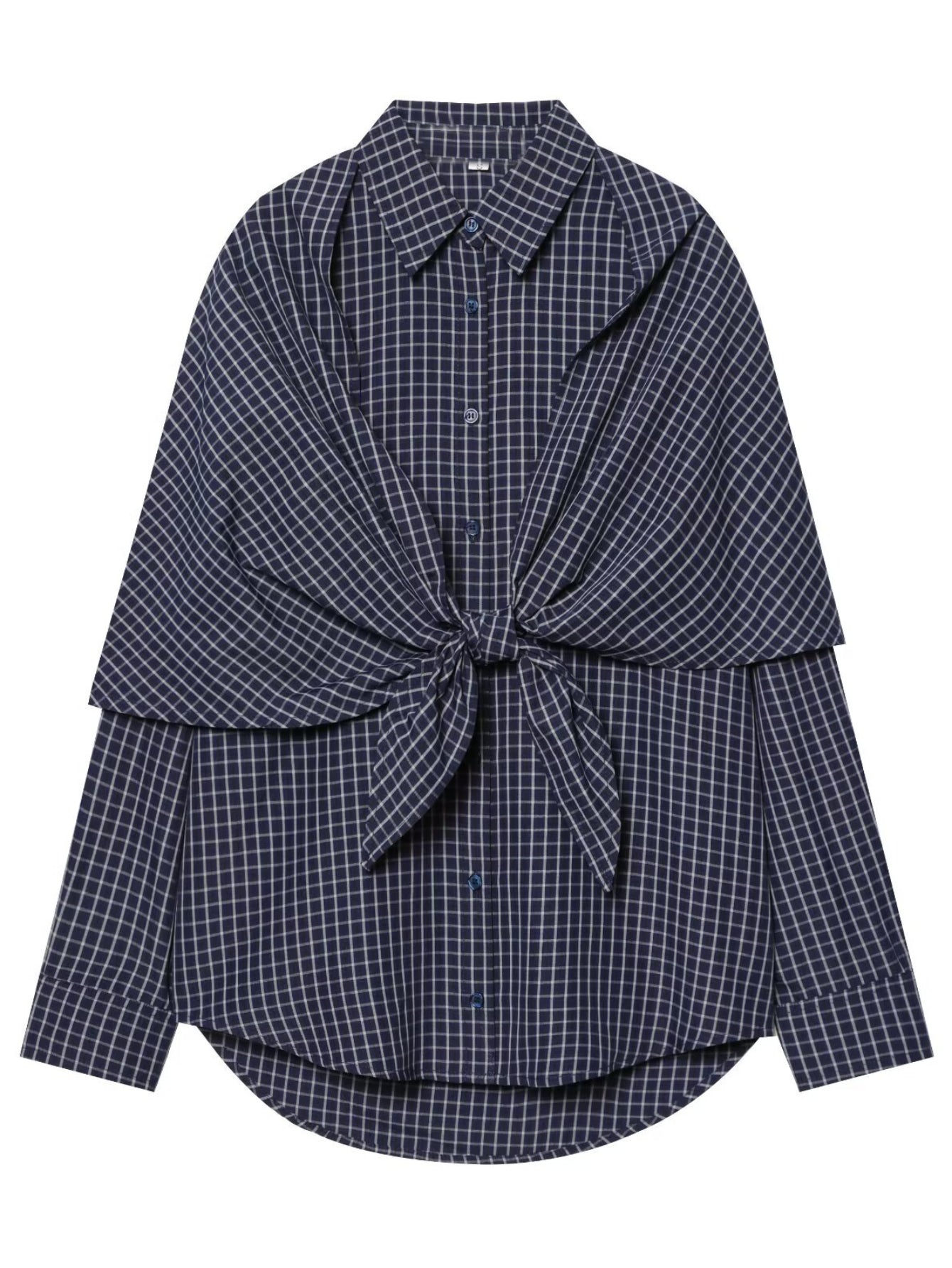 Draped Plaid Tie Front Button Shirt