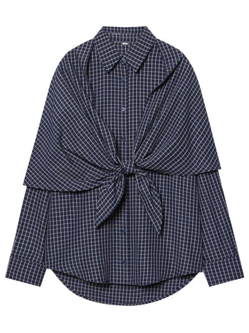 Draped Plaid Tie Front Button Shirt