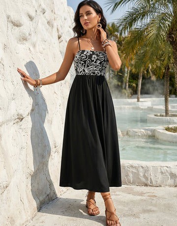 Side Slit Floral Strap Casual Midi Dress