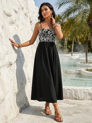 Side Slit Floral Strap Casual Midi Dress