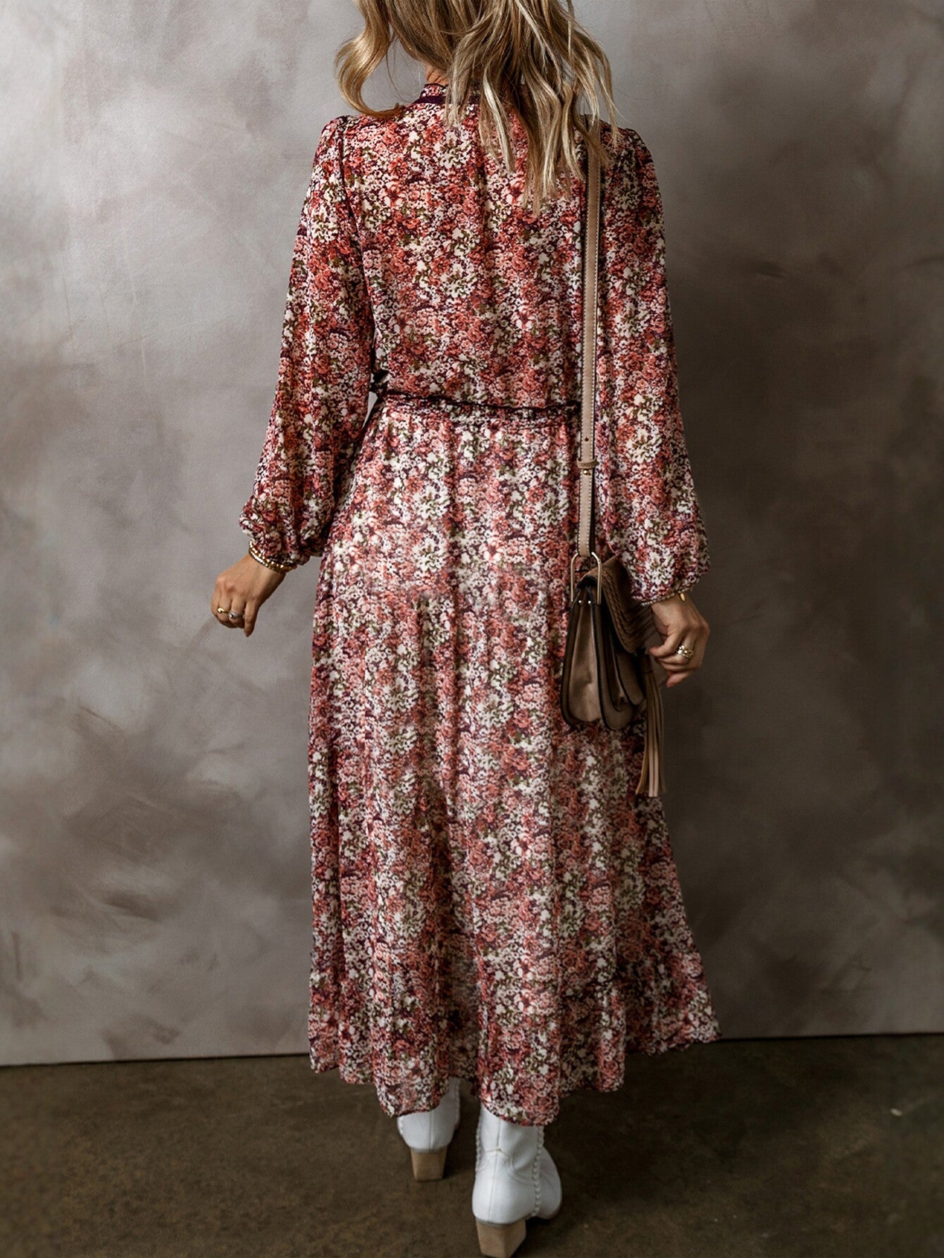 Long Sleeve Floral Print Midi Dress