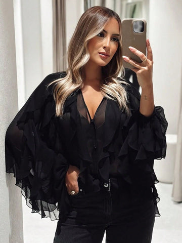 Sheer Ruffle Trim Button Down Blouse