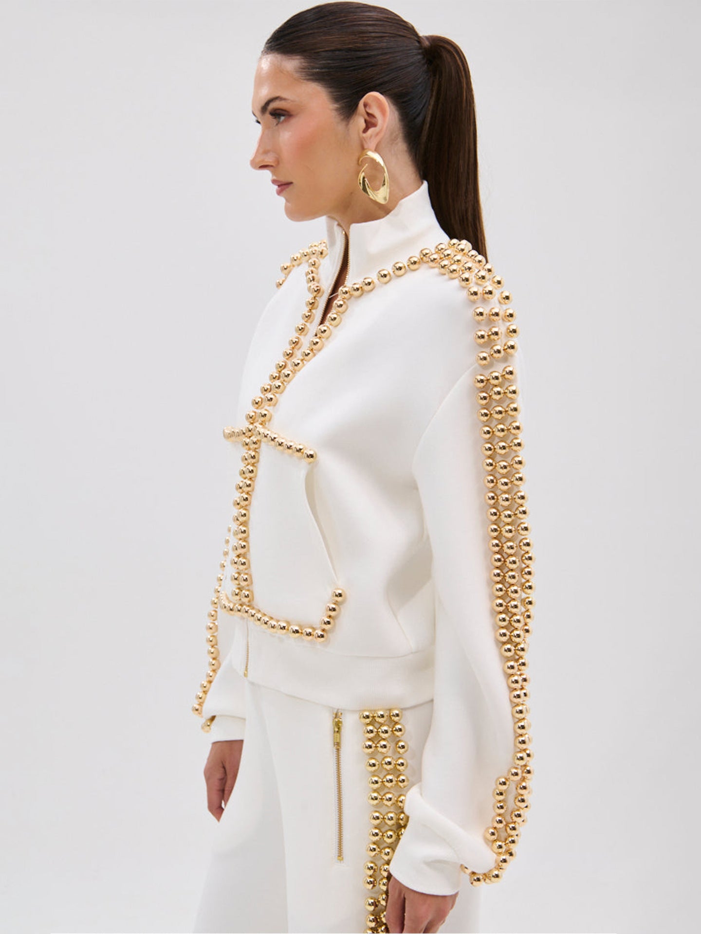 Embellished Studded Zip Up Pant Set