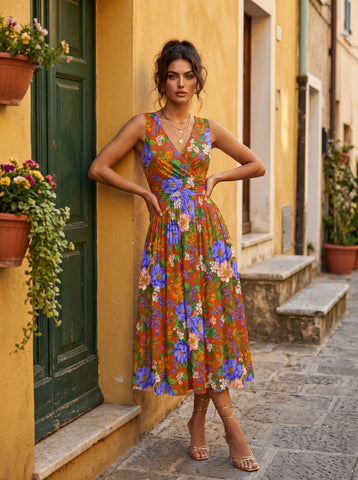 CORINNE
Floral Print V Neck A Line Midi Dress