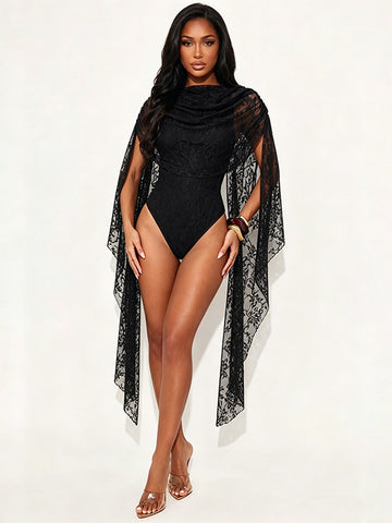 Elegant Lace Cape Sleeve Bodysuit