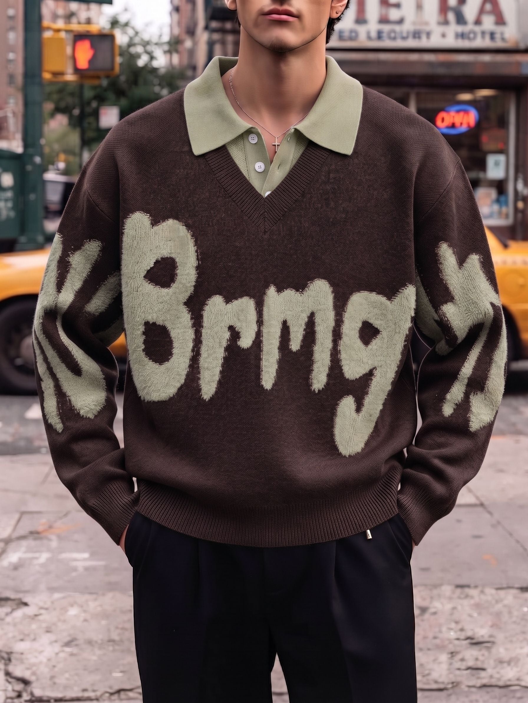 Oversized Graphic Collared Knit Pullover