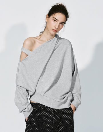 Urban Revivo One Shoulder Asymmetric Strappy Sweatshirts-Gray Marl