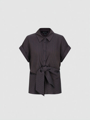 Tie-Waist Striped Short Sleeve Shirts