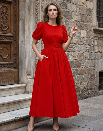 Puff Sleeve Belted Midi Dress