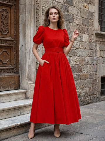 Puff Sleeve Belted Midi Dress